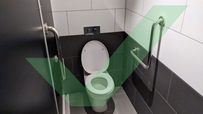An ambulant toilet cubicle with a grabrail on each side of the toilet pan with VAC Green tick